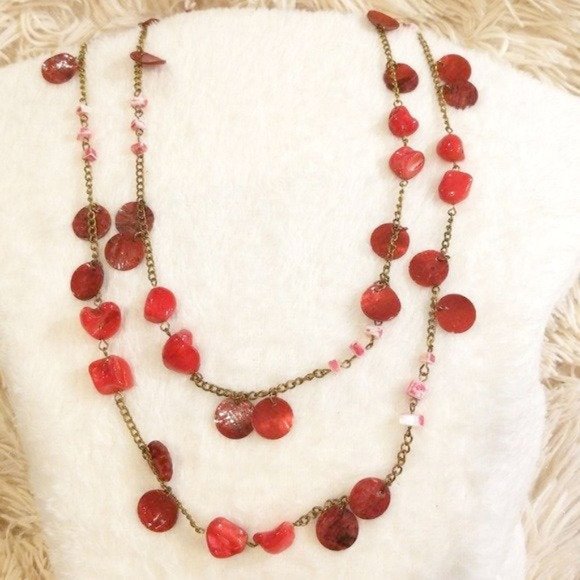 90s Red Abalone Shell Coin Long Sweater Necklace - Picture 11 of 12